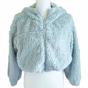 BDG URBAN OUTFITTERS Zip Up Fuzzy Cropped Hooded Teddy Jacket Blue Gray, Medium